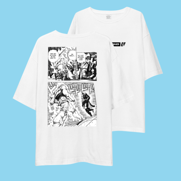 JoJo’s Bizarre Adventure Oversized Drop Shoulder T-Shirt – Jotaro vs Dio Fight Scene (Medium) - Image 2